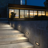 Palo step lights in large architectural stone staircase exterior at night
