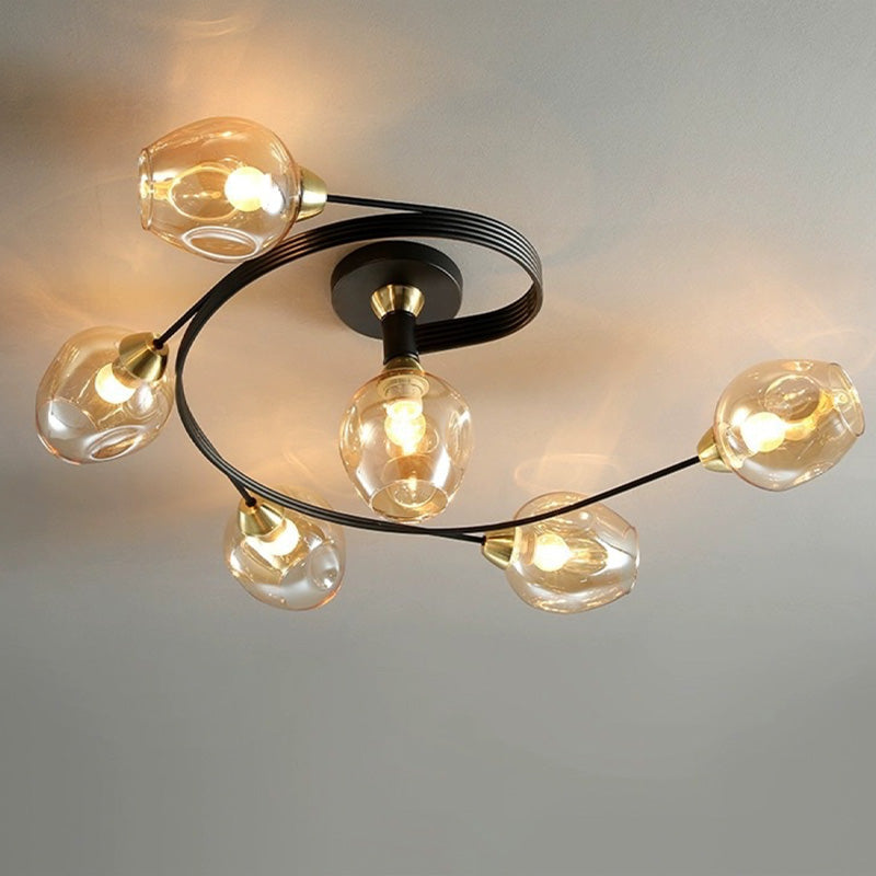 Orvello cluster ceiling light lit from below showing all six cognac glass shades