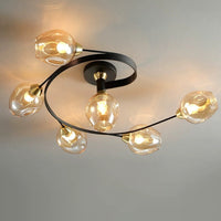 Orvello cluster ceiling light lit from below showing all six cognac glass shades