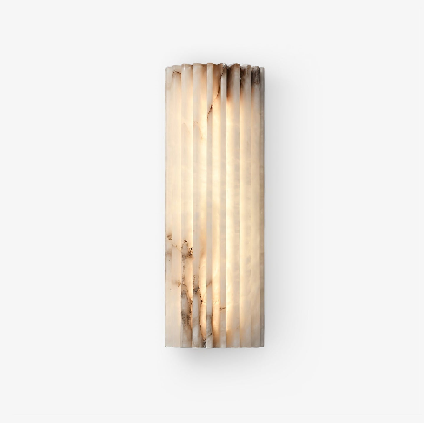 Alcaro alabaster wall light with a fluted white stone face on a plain white background