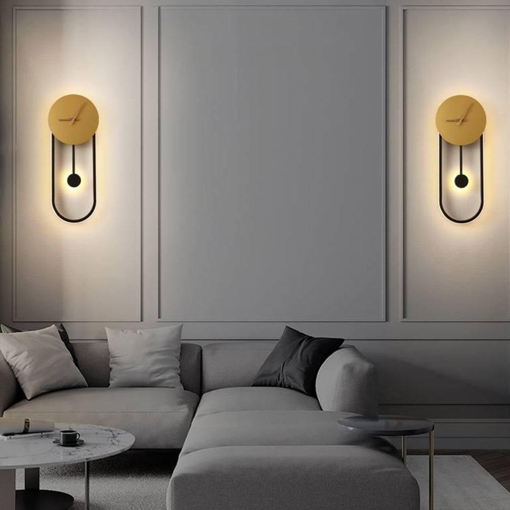 A pair of Kalve clock wall lights on a panelled living room wall above a sofa