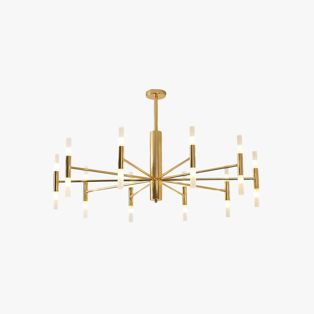 Cylma cylinder cluster ceiling light in gold on a white background, ten radial arms carrying twenty frosted tubes