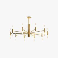 Cylma cylinder cluster ceiling light in gold on a white background, ten radial arms carrying twenty frosted tubes