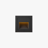 Steva Square Outdoor Step Light in black on a plain white background, louvred aperture glowing warm