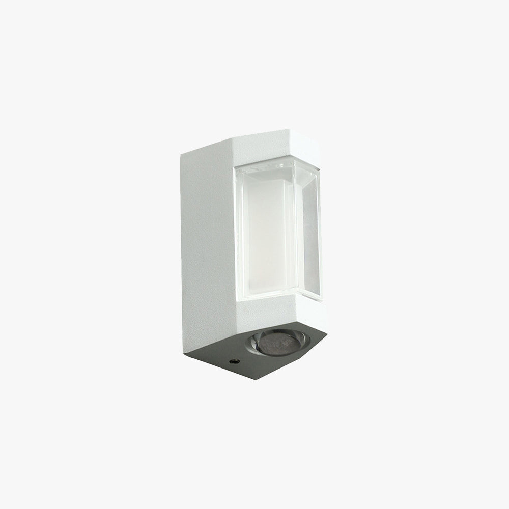 Marvo Up-Down Outdoor Wall Light in white on a plain white background, clear acrylic lens panel and dark base