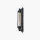 Trono cylinder wall light in black on a white background, steel rod cage over a tubular filament bulb