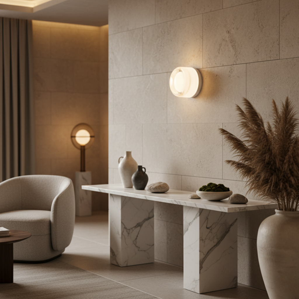 Rondel sconce lit on wall