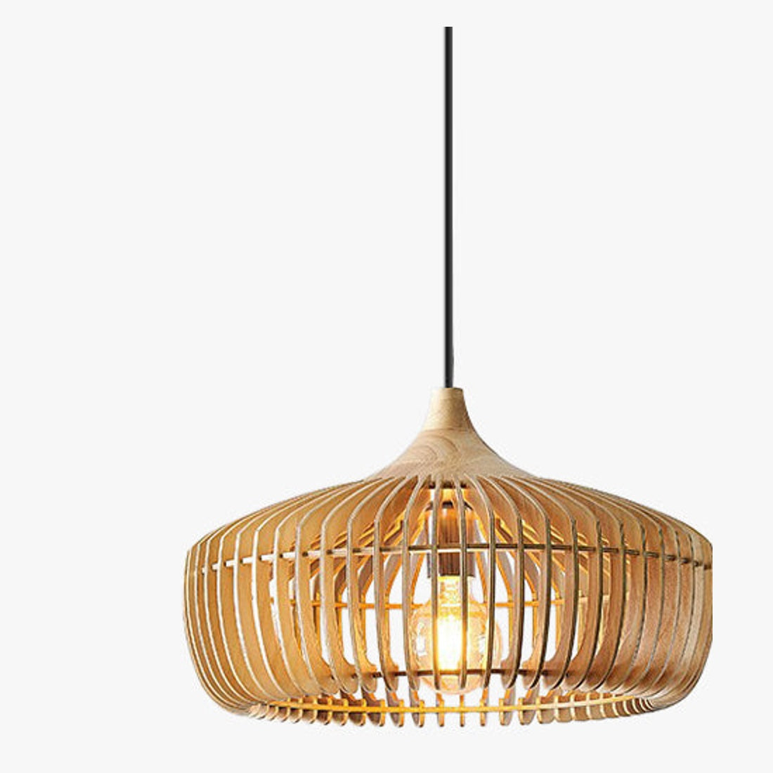 Muno Japandi wood pendant light on a plain background, natural timber slatted dome shade lit from within