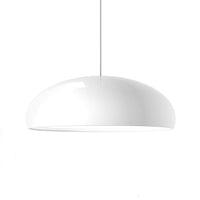 Liro deco arc pendant light with a gloss white dome shade on a plain white background