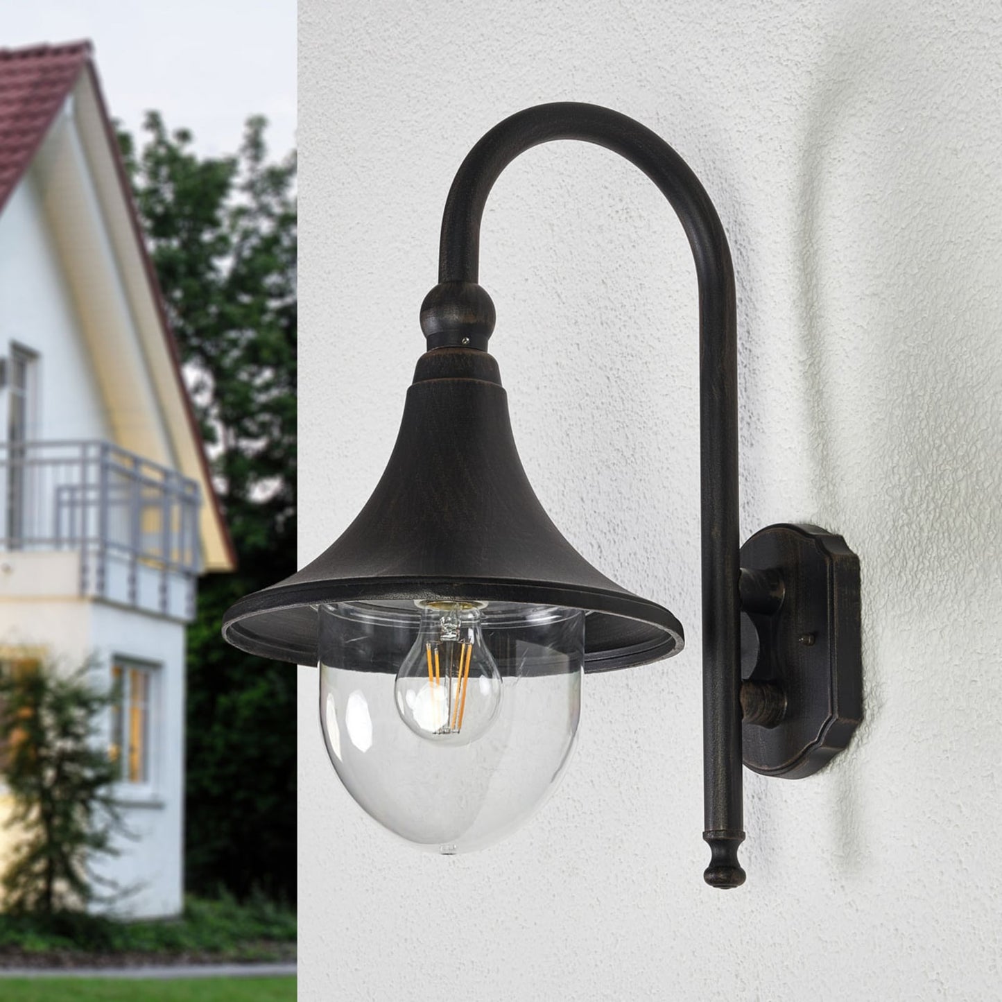 Side view of the Dafo antique outdoor wall light against a pale grey background showing the wall plate and projection