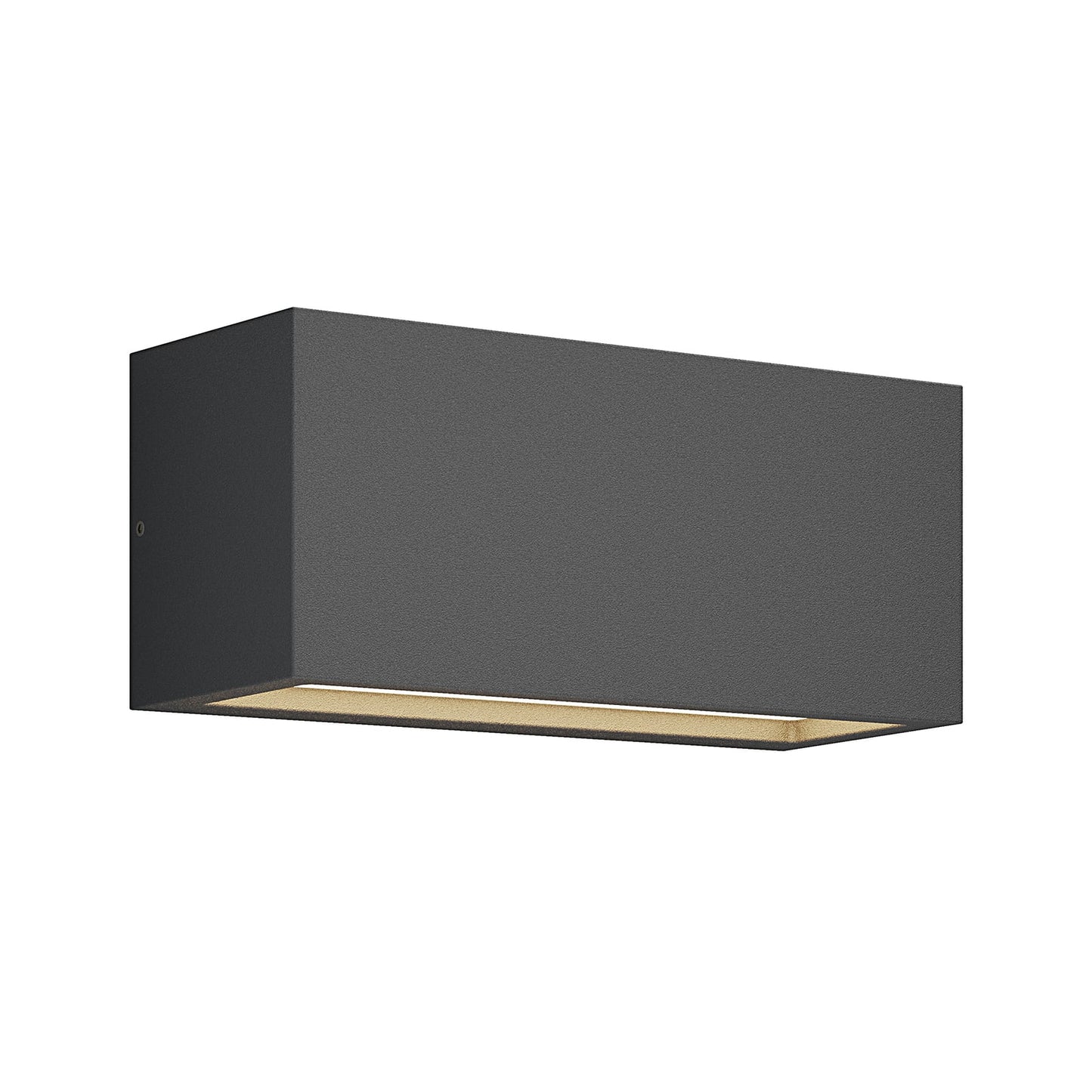 Bexa wide outdoor wall light in anthracite aluminium on a plain white background, low rectangular box with a diffuser along the bottom edge