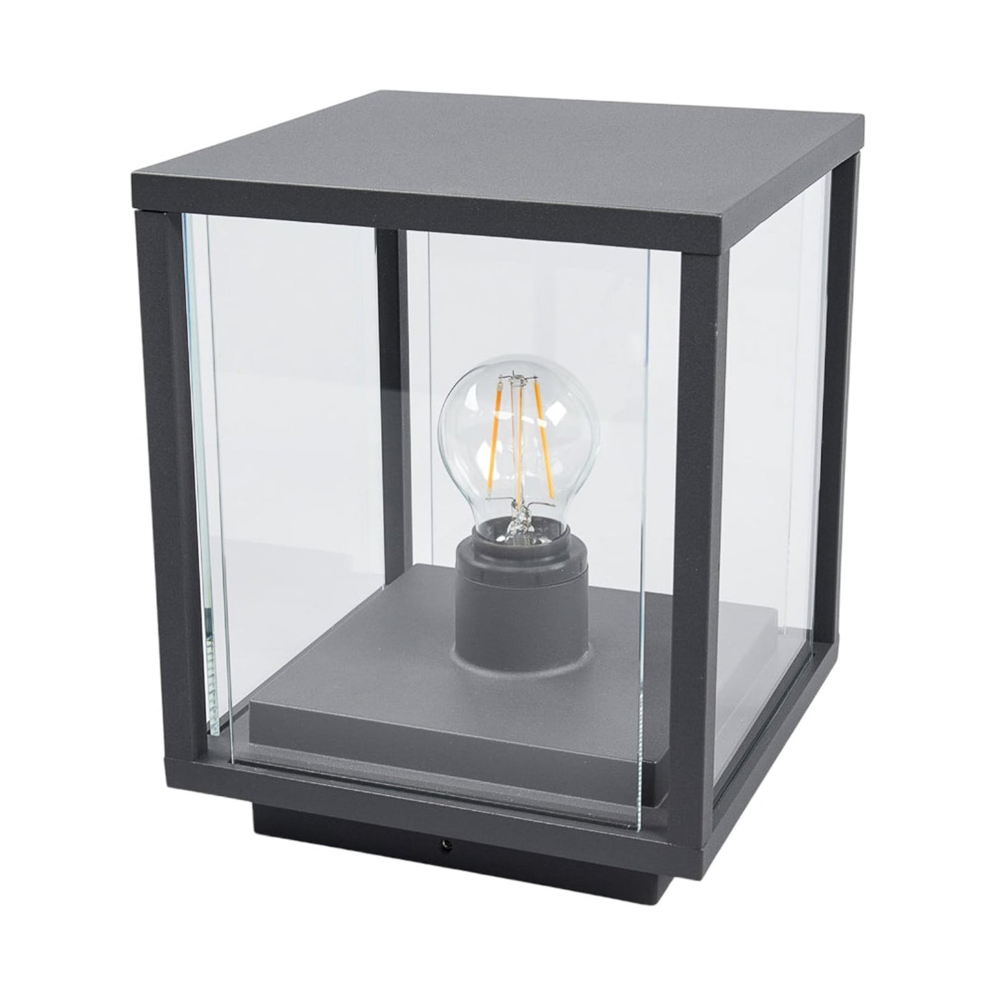 Anle Glass Pillar Light, a clear glass cube lantern in a dark grey aluminium frame, on a plain white background