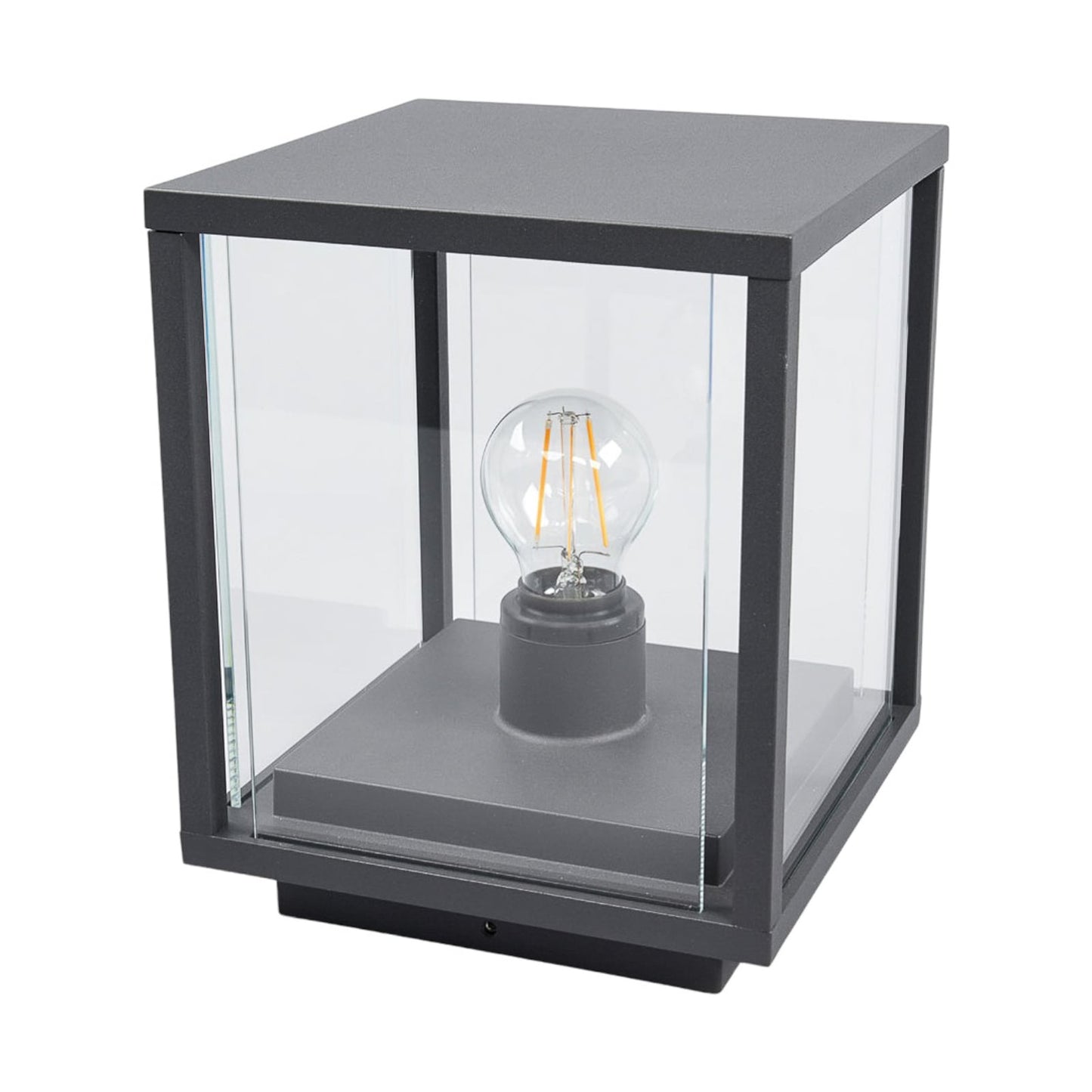 Anle Glass Pillar Light, a clear glass cube lantern in a dark grey aluminium frame, on a plain white background