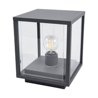 Anle Glass Pillar Light, a clear glass cube lantern in a dark grey aluminium frame, on a plain white background