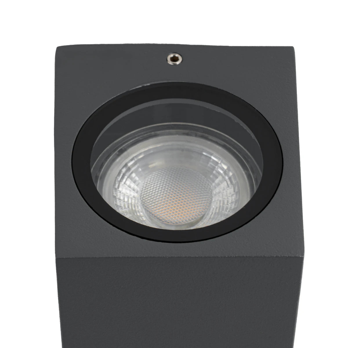 Close-up of the Xato wall light showing the GU10 lamp and glass cover