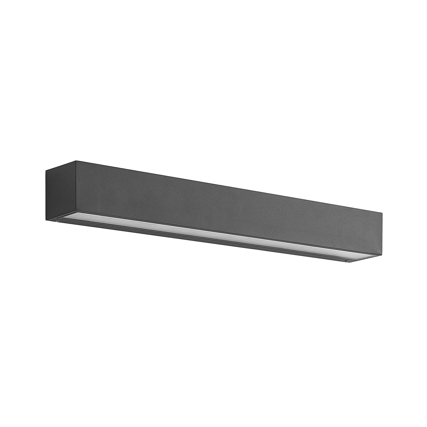 Lino Column outdoor wall light on a plain white background, slim anthracite aluminium bar with a satin glass diffuser along the underside