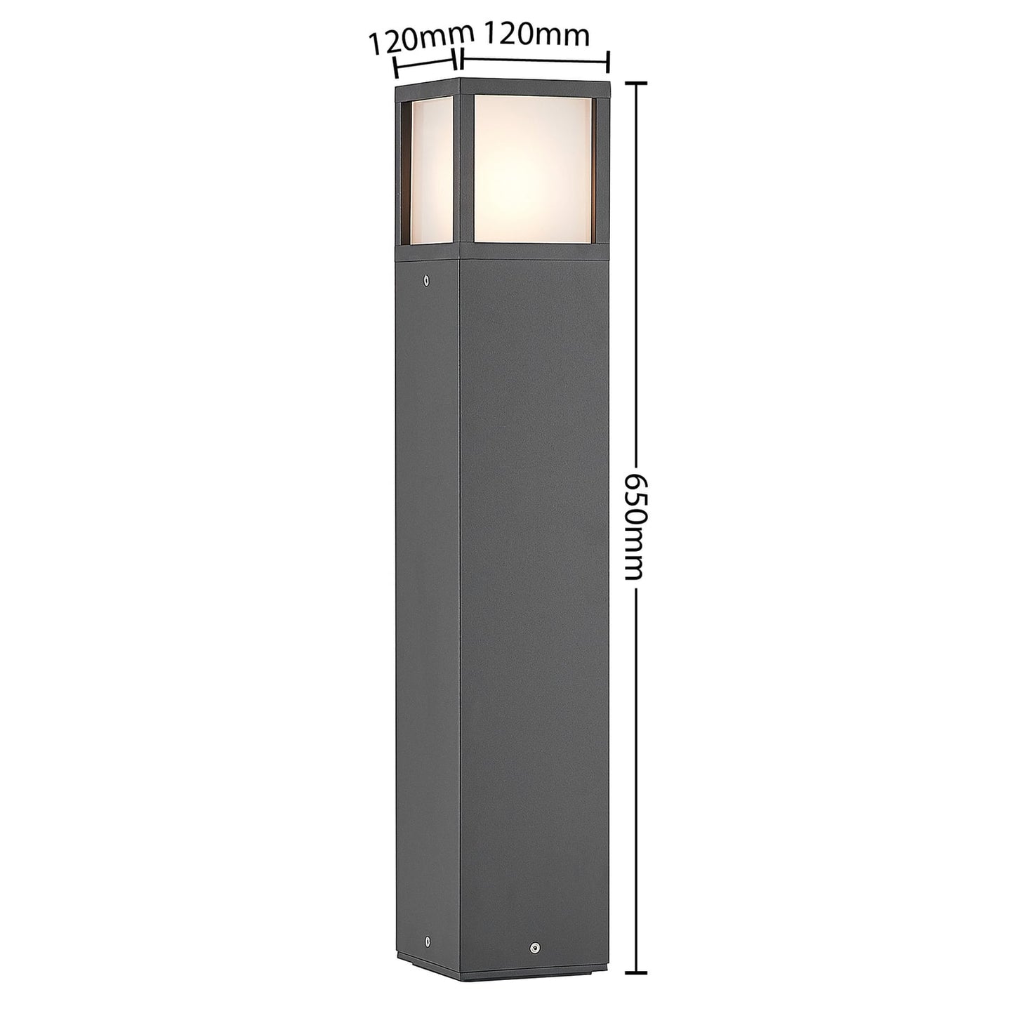 Dimension diagram of the Dewa path post light showing 650 mm height and 120 mm square base