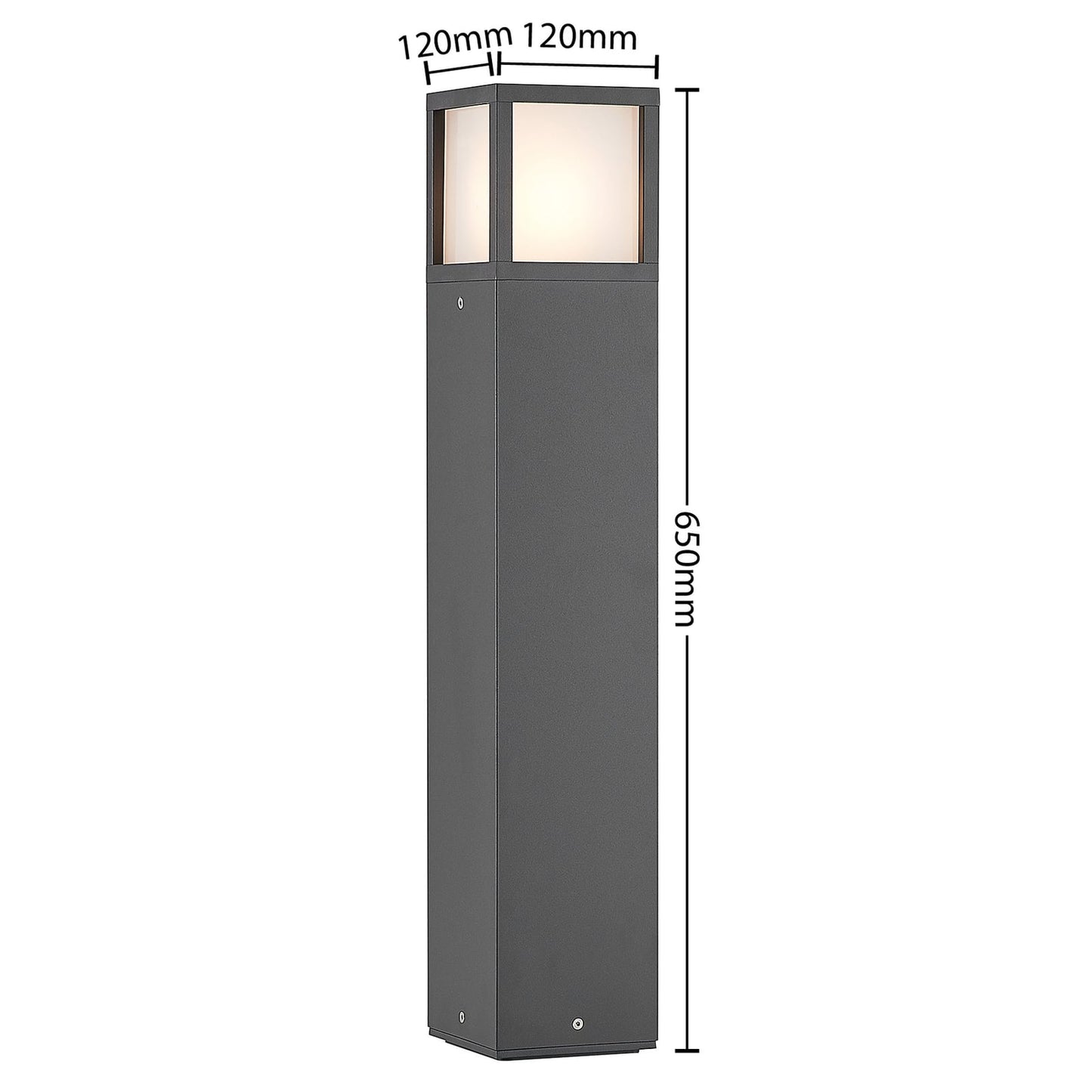 Dimension diagram of the Dewa path post light showing 650 mm height and 120 mm square base