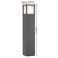 Dimension diagram of the Dewa path post light showing 650 mm height and 120 mm square base
