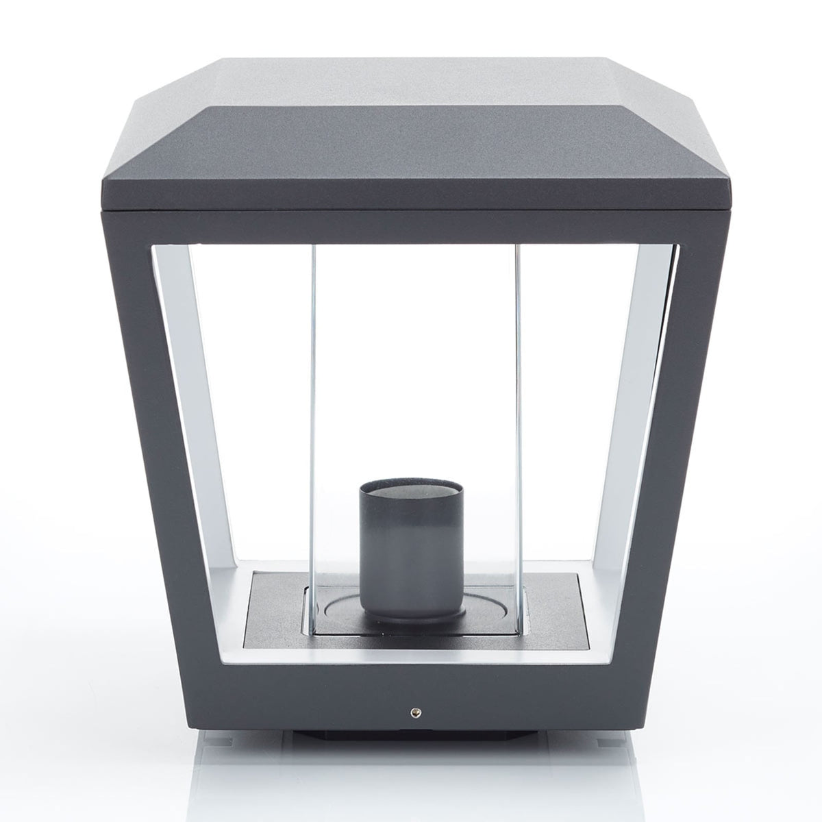 Front view of the Dunara pillar light unlit showing the tapered aluminium frame and lamp holder