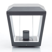 Front view of the Dunara pillar light unlit showing the tapered aluminium frame and lamp holder