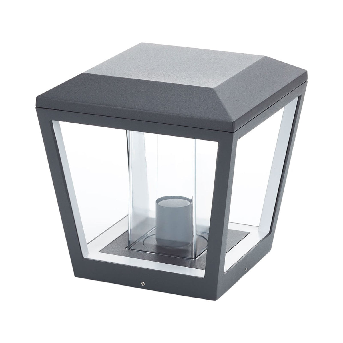 Dunara anthracite square pillar post light with clear panels on a plain white background