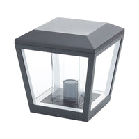 Dunara anthracite square pillar post light with clear panels on a plain white background