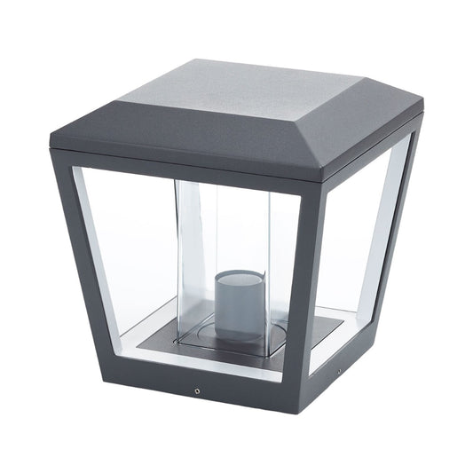 Dunara anthracite square pillar post light with clear panels on a plain white background
