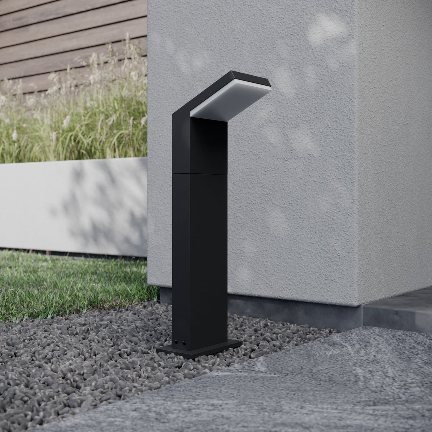Yola Path Post Light in daylight at the corner of a house, showing the 60 cm anthracite post