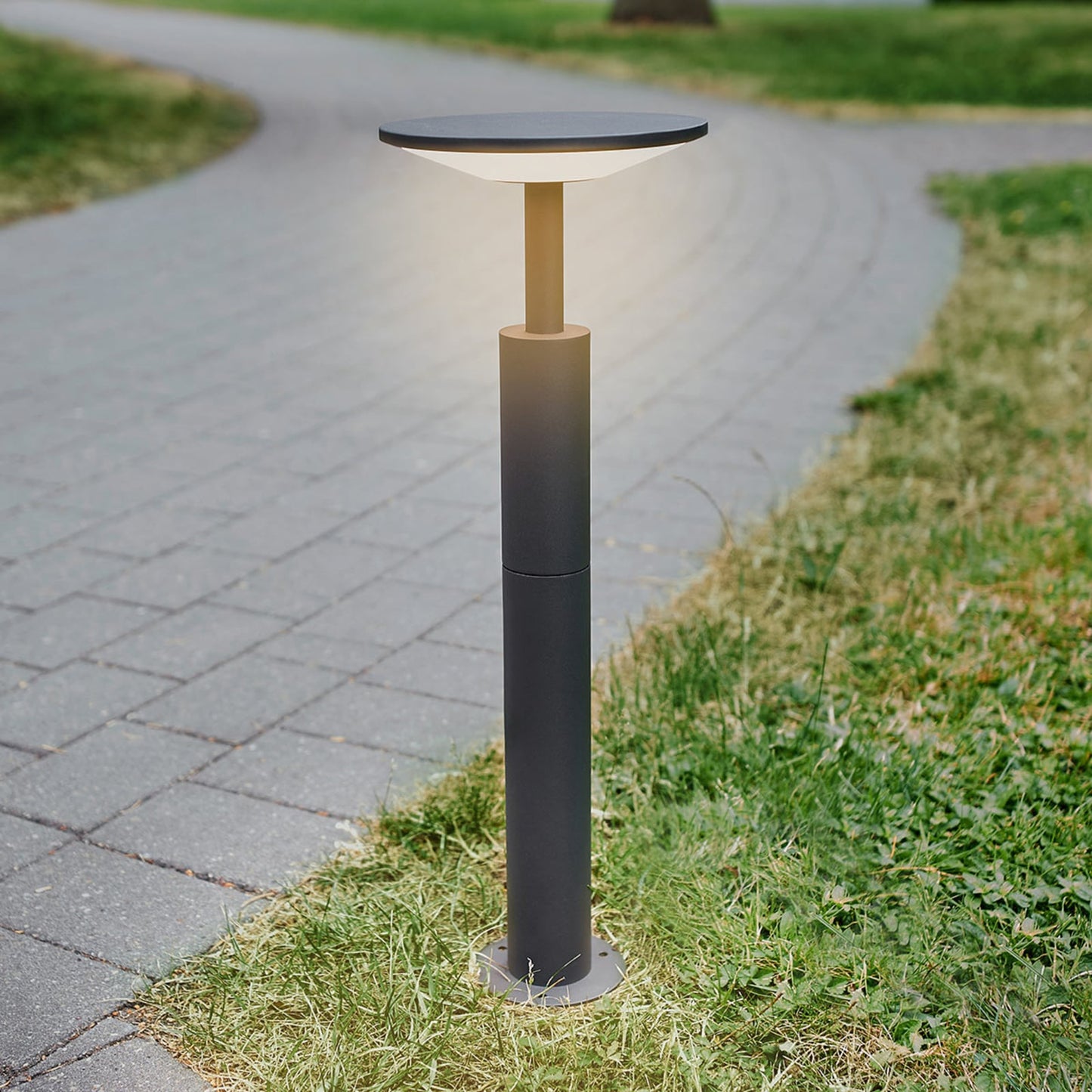 Feno path post light lit beside a paved garden path with grass either side