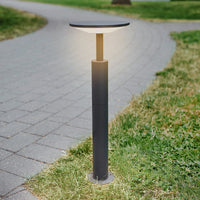 Feno path post light lit beside a paved garden path with grass either side