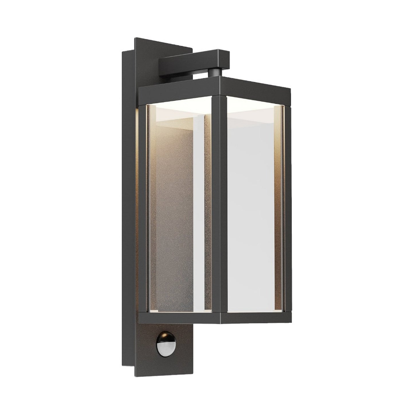 Denro sensor outdoor wall light, dark grey rectangular frame with glass panes and motion sensor, on a plain white background