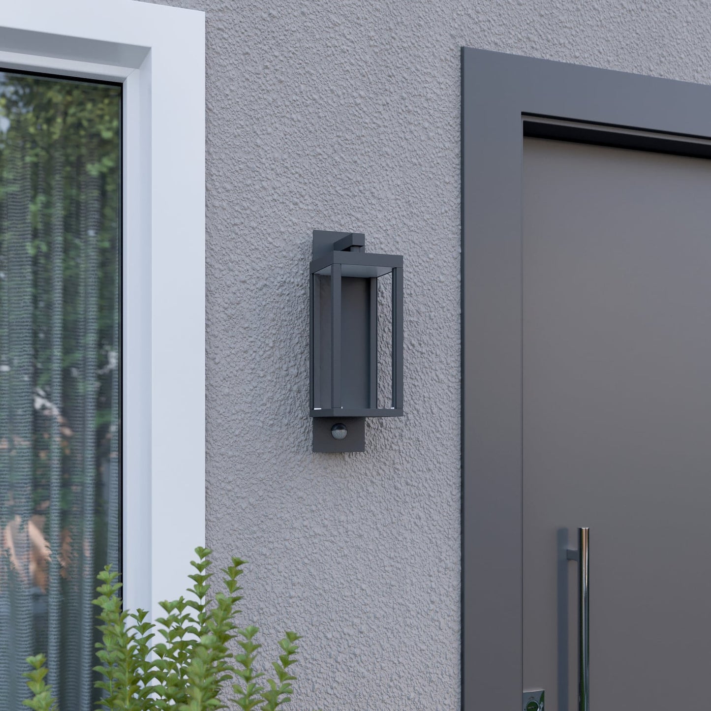 Denro wall light switched off, showing the dark grey aluminium frame against a light render wall