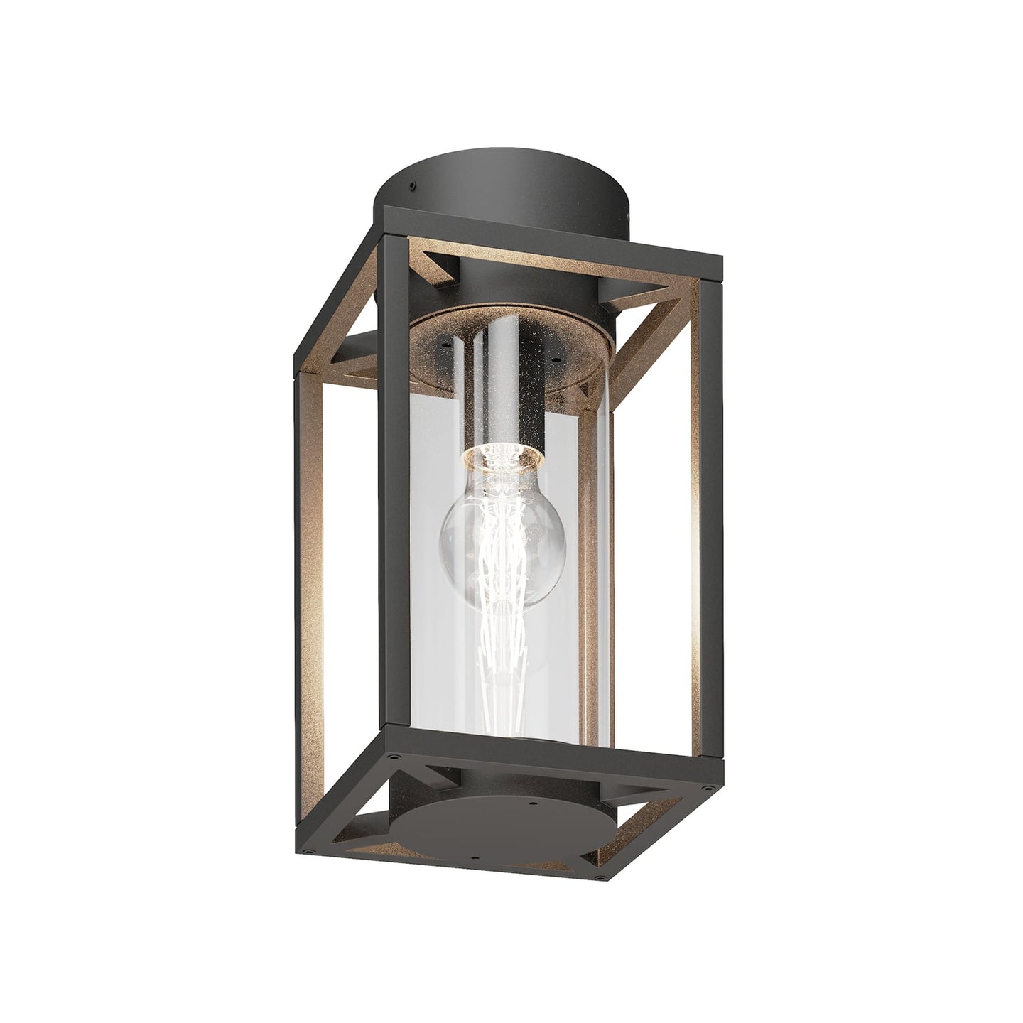Vesa outdoor ceiling light lit, showing warm light through the clear glass cylinder