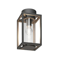 Vesa outdoor ceiling light lit, showing warm light through the clear glass cylinder
