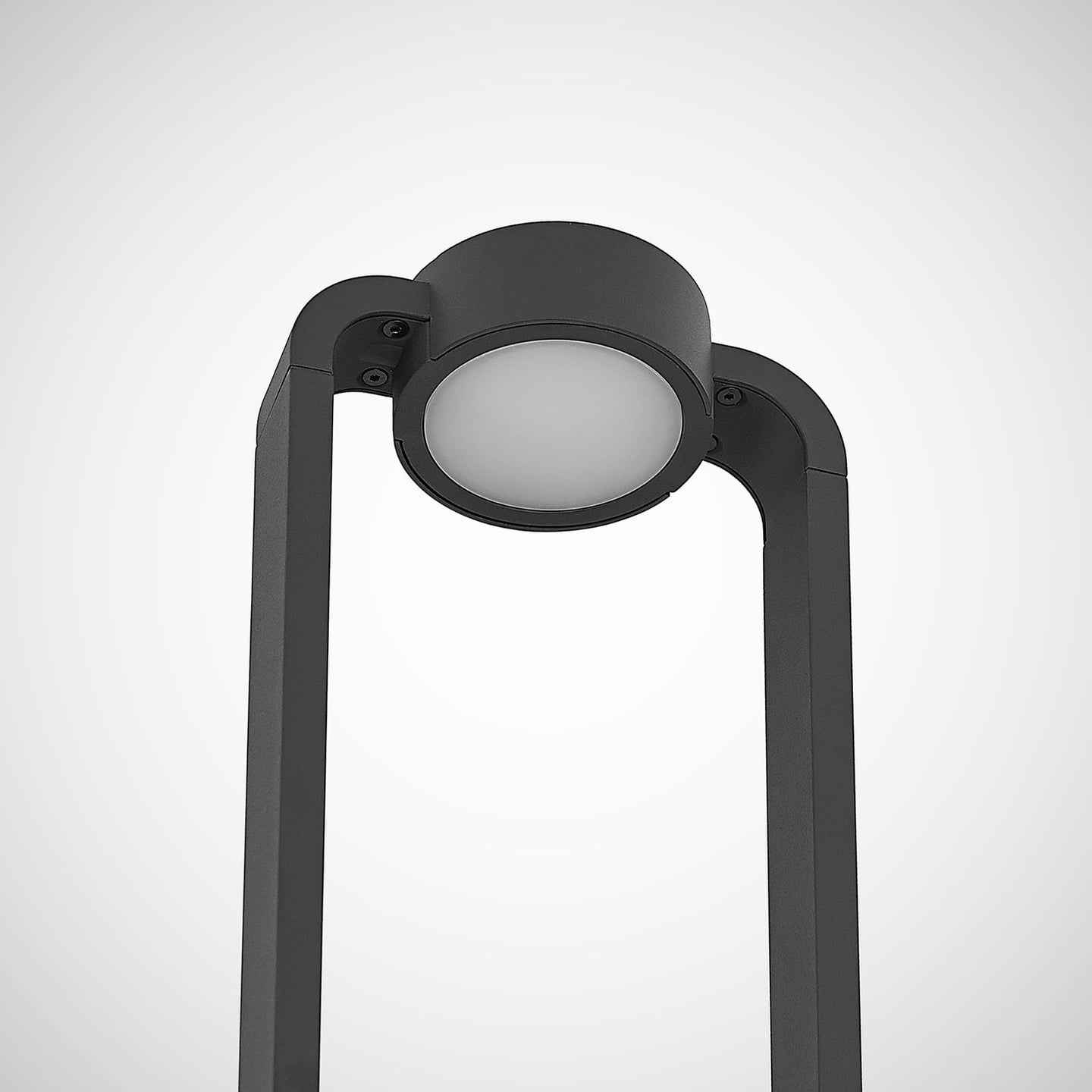 Close detail of the Talo circular LED head at the top of the anthracite frame