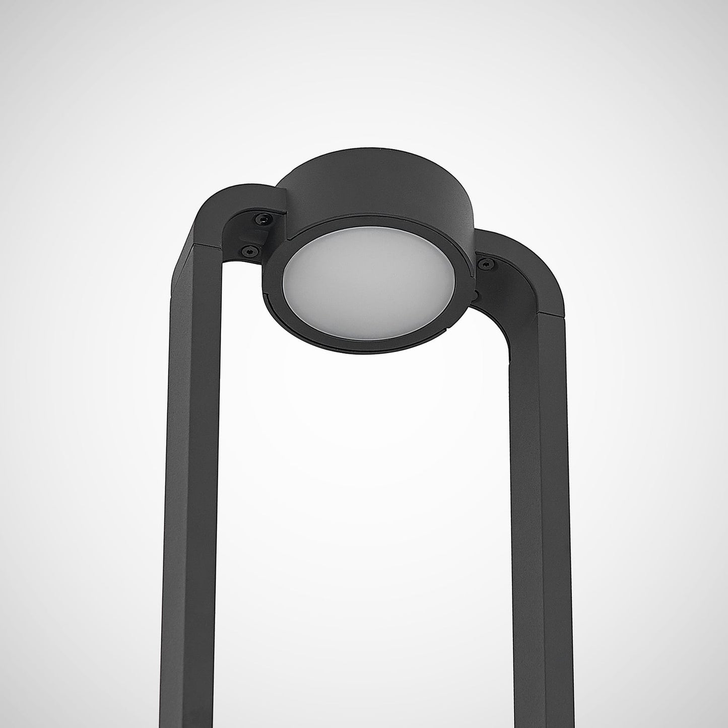 Close detail of the Talo circular LED head at the top of the anthracite frame