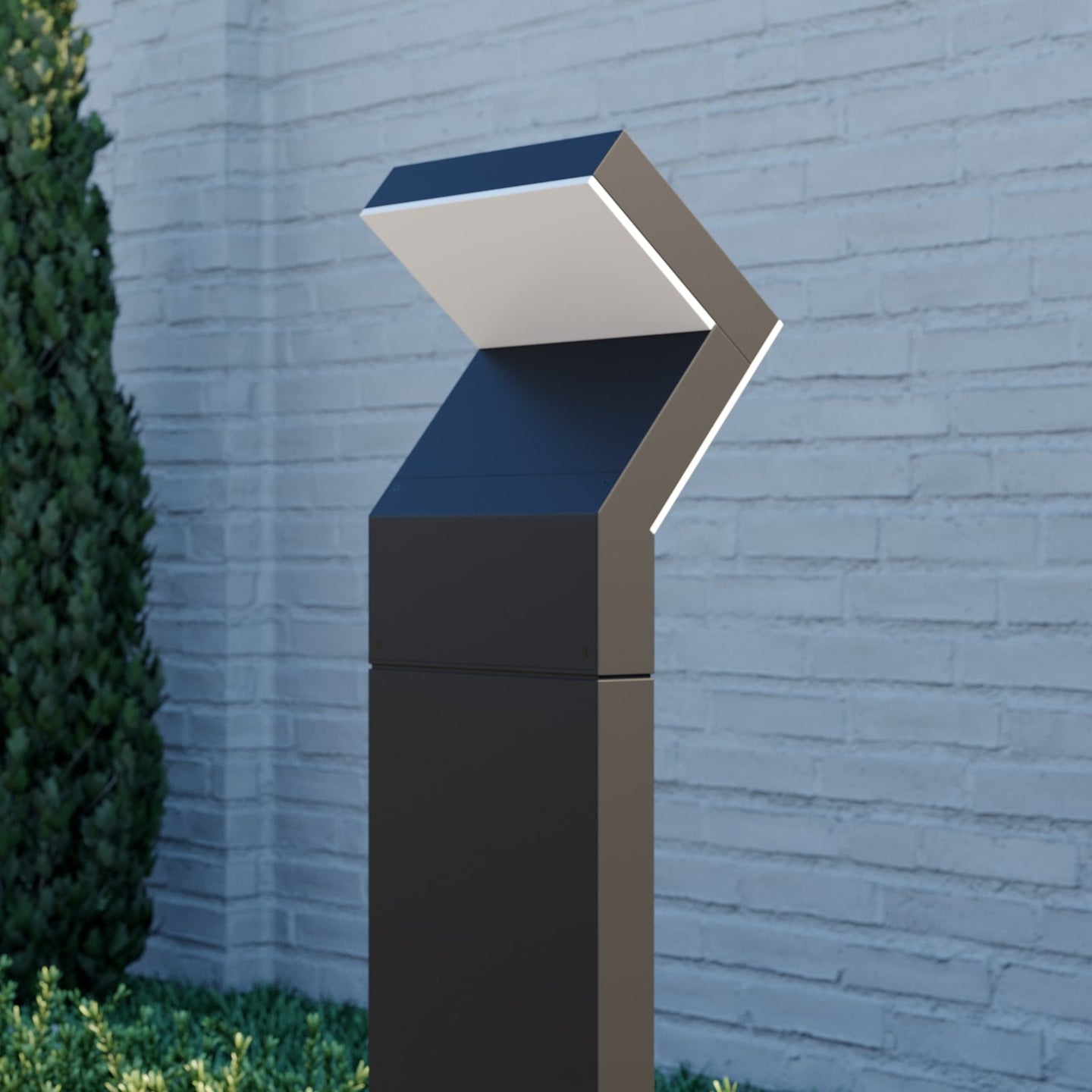 Close view of the angled head of the Havo Tall Path Light against a painted brick wall