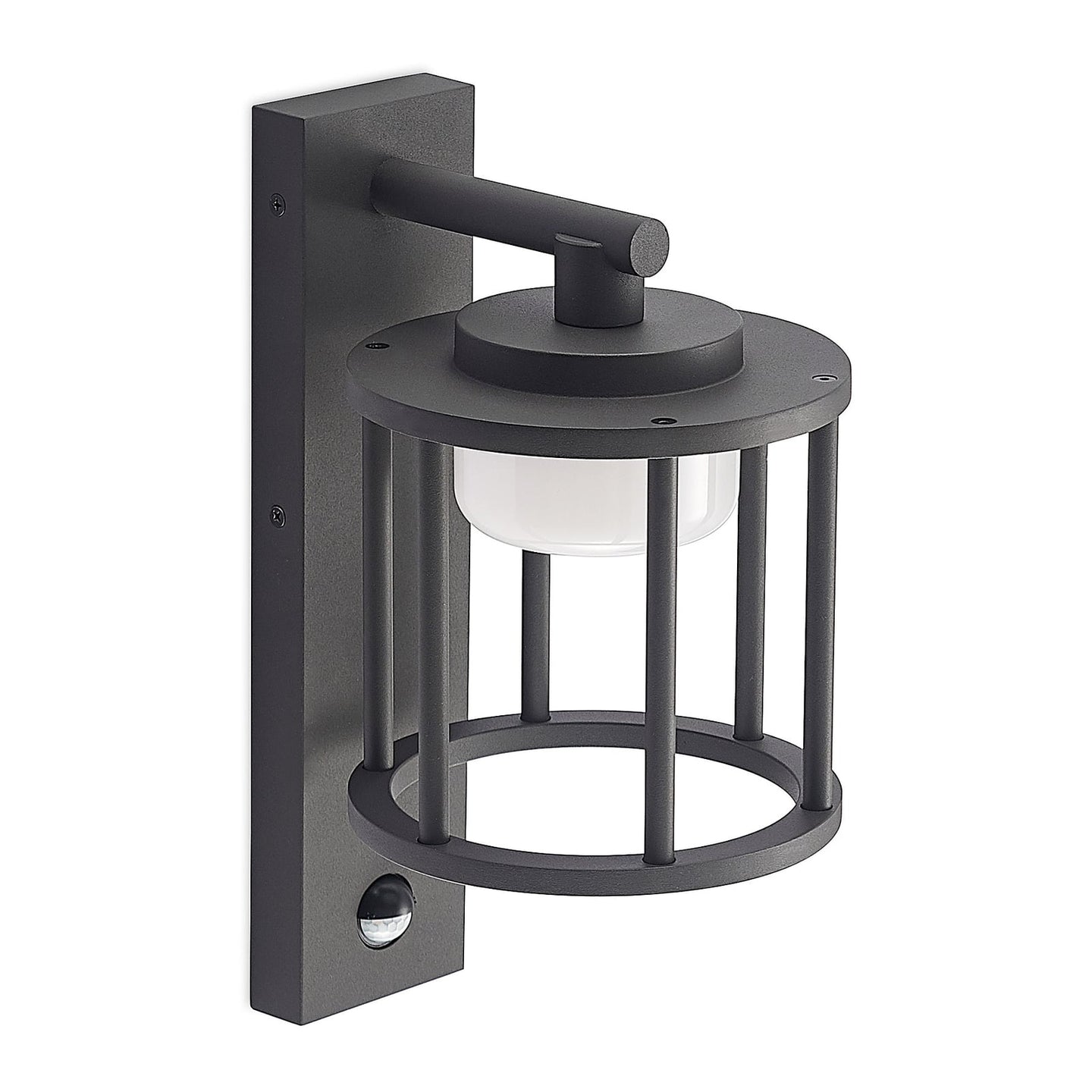 Berno sensor outdoor wall light in anthracite on a white background, showing the vertical bar cage and opal drum diffuser