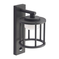 Berno sensor outdoor wall light in anthracite on a white background, showing the vertical bar cage and opal drum diffuser