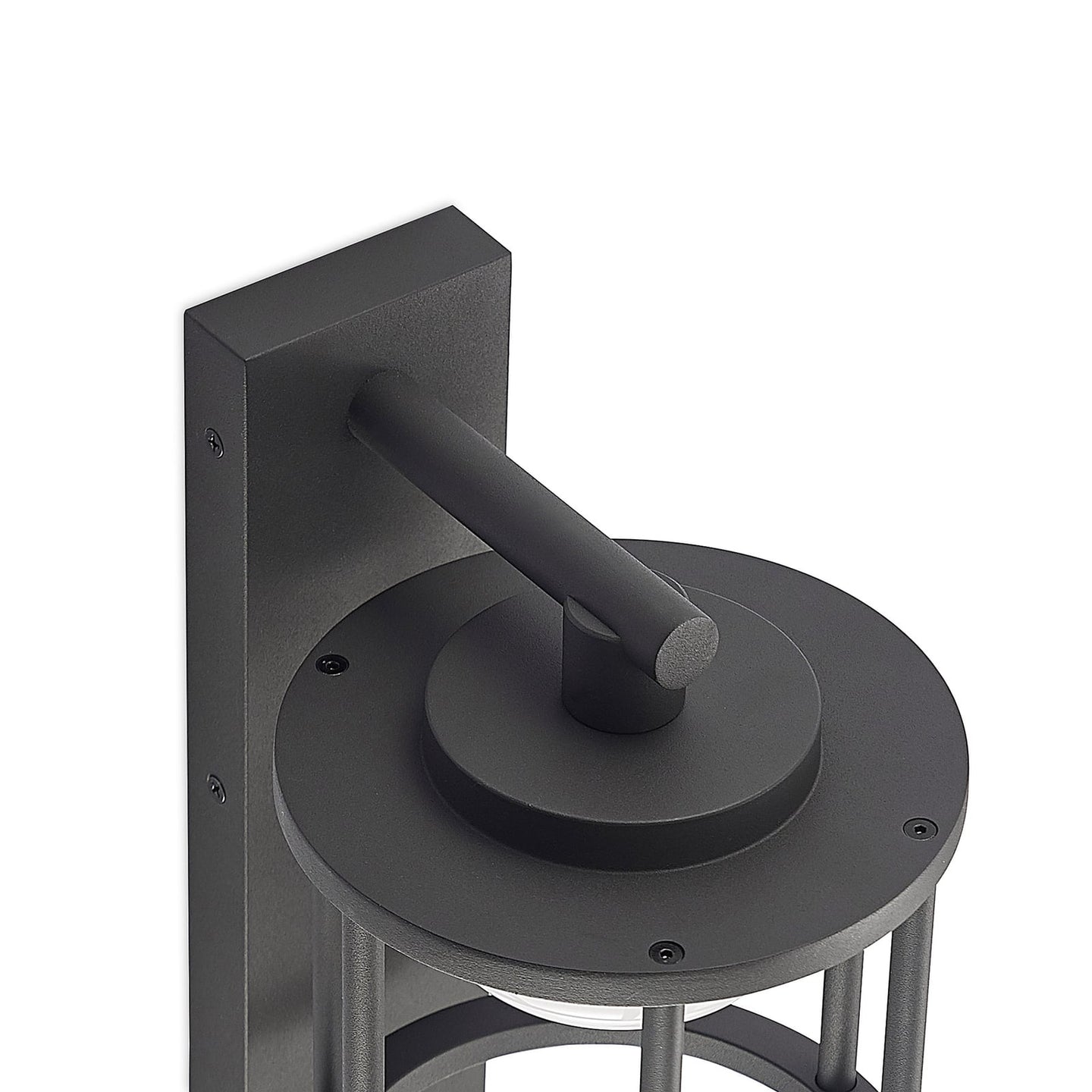 Close-up of the Berno wall light top bracket and circular anthracite canopy