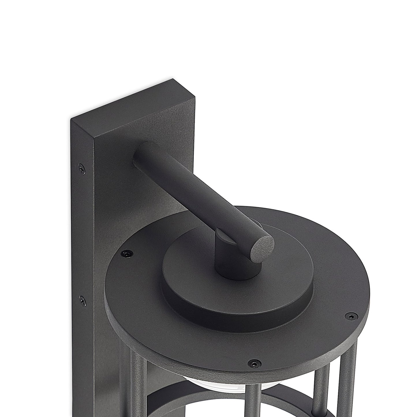 Close-up of the Berno wall light top bracket and circular anthracite canopy