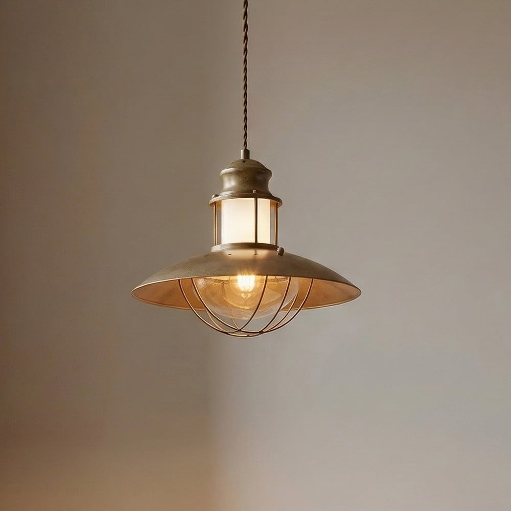 Lusa pendant light lit, showing the wire cage and glazed collar in close detail