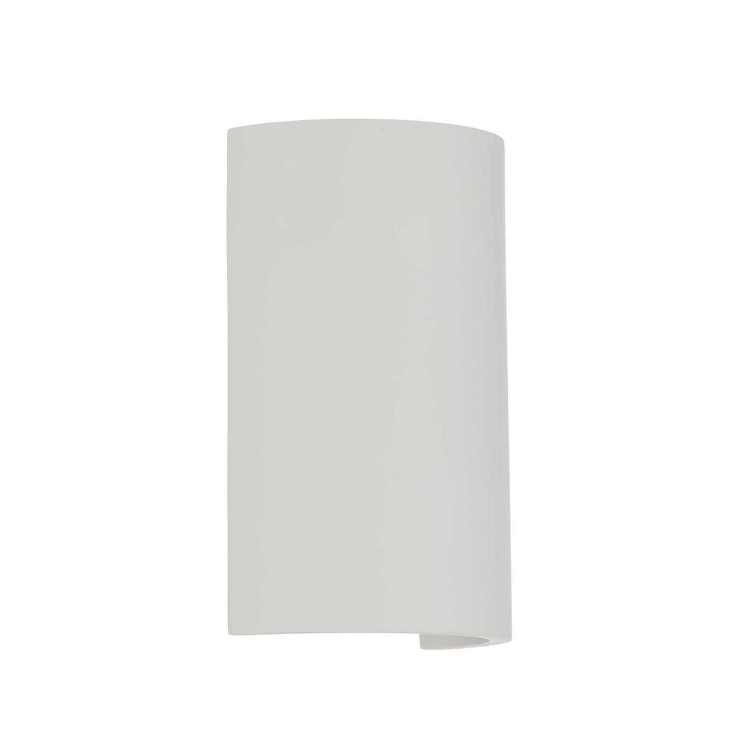 Cova round plaster wall light on a white background, matte white half-cylinder shell with an open bottom edge
