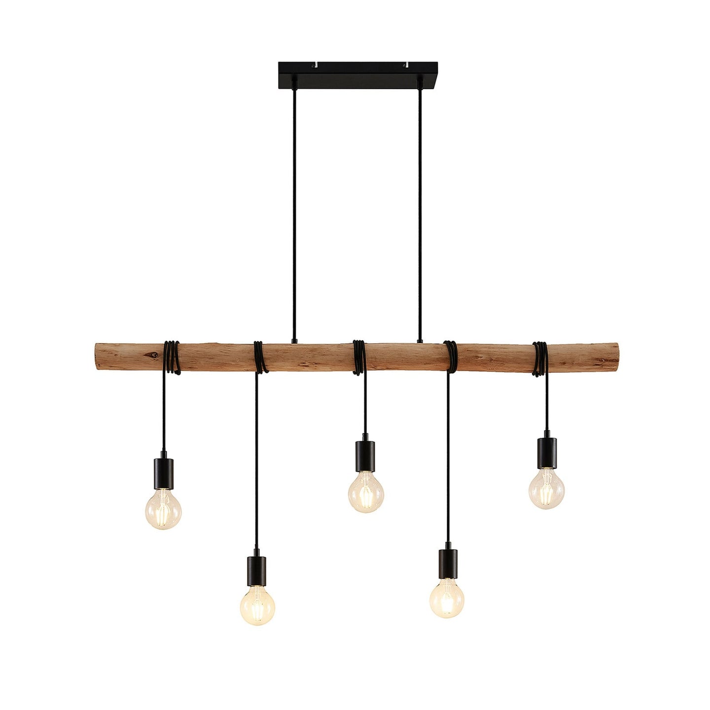 Rovo wood rope pendant light on a white background, 116 cm natural wood beam with five matt black lamp holders and clear globe bulbs