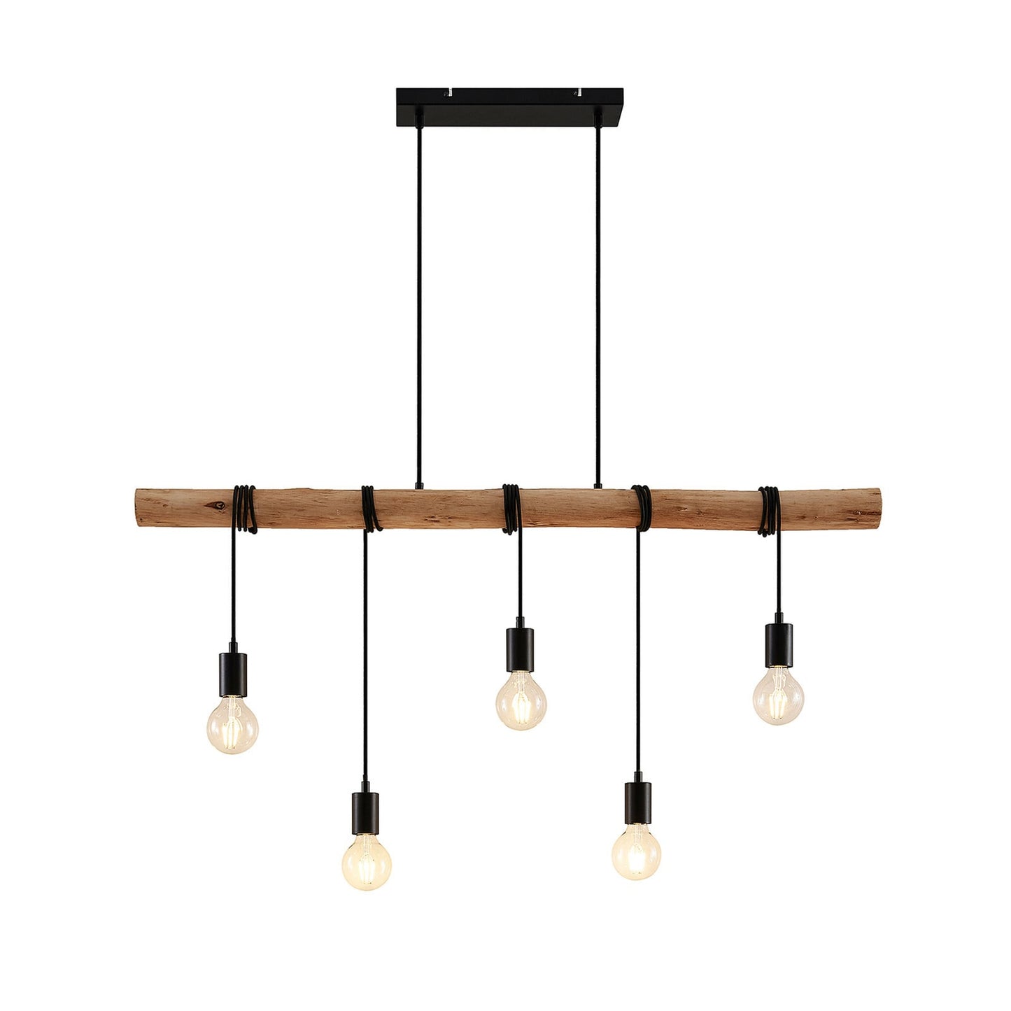 Rovo wood rope pendant light on a white background, 116 cm natural wood beam with five matt black lamp holders and clear globe bulbs