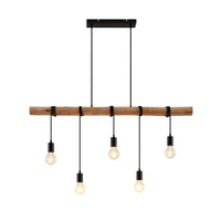 Rovo wood rope pendant light on a white background, 116 cm natural wood beam with five matt black lamp holders and clear globe bulbs