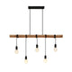 Rovo wood rope pendant light on a white background, 116 cm natural wood beam with five matt black lamp holders and clear globe bulbs