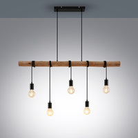 Rovo pendant light lit against a plain grey background showing the black ceiling canopy and five staggered bulb drops