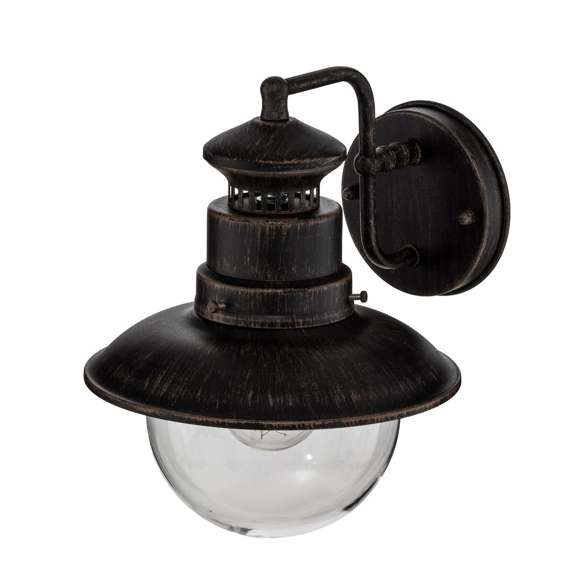 Angled view of the Erdo Rust Lantern Outdoor Wall Light showing the curved iron arm and wall plate
